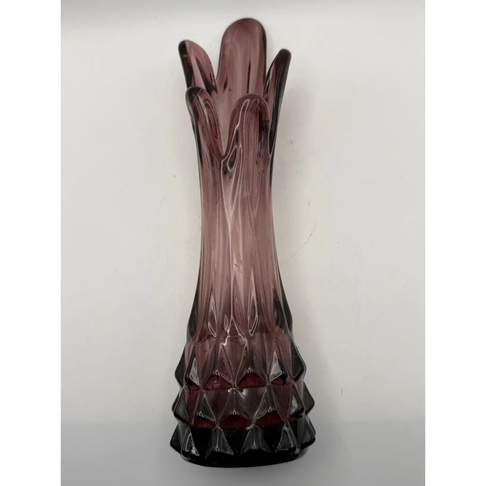 Vtg Amethyst Purple Swung Glass Five Finger Vase Mid Century Modern Diamond Base